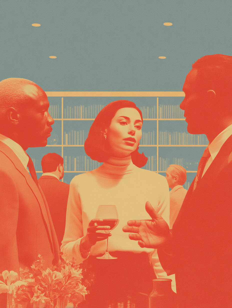 Three senior professionals in mid-conversation in a warmly lit room with floor-to-ceiling bookshelves.
