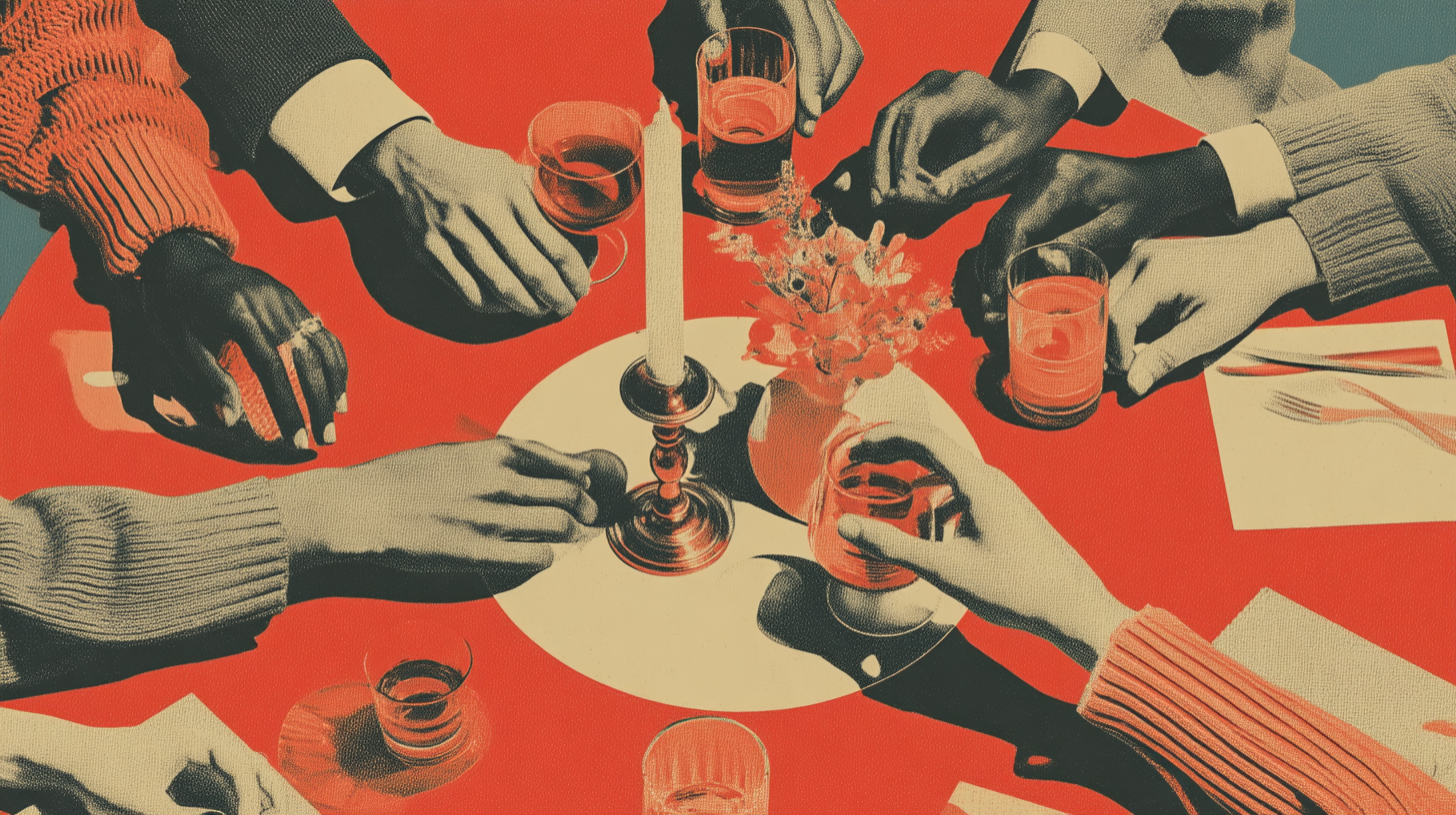 Overhead view of diverse hands reaching toward the center of a table — glasses, candlelight, the geometry of conversation.